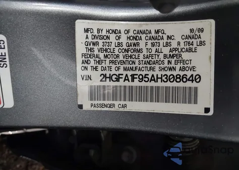 2010 Honda Civic Exl from USA, damaged, VIN 2HGFA1F95AH308640